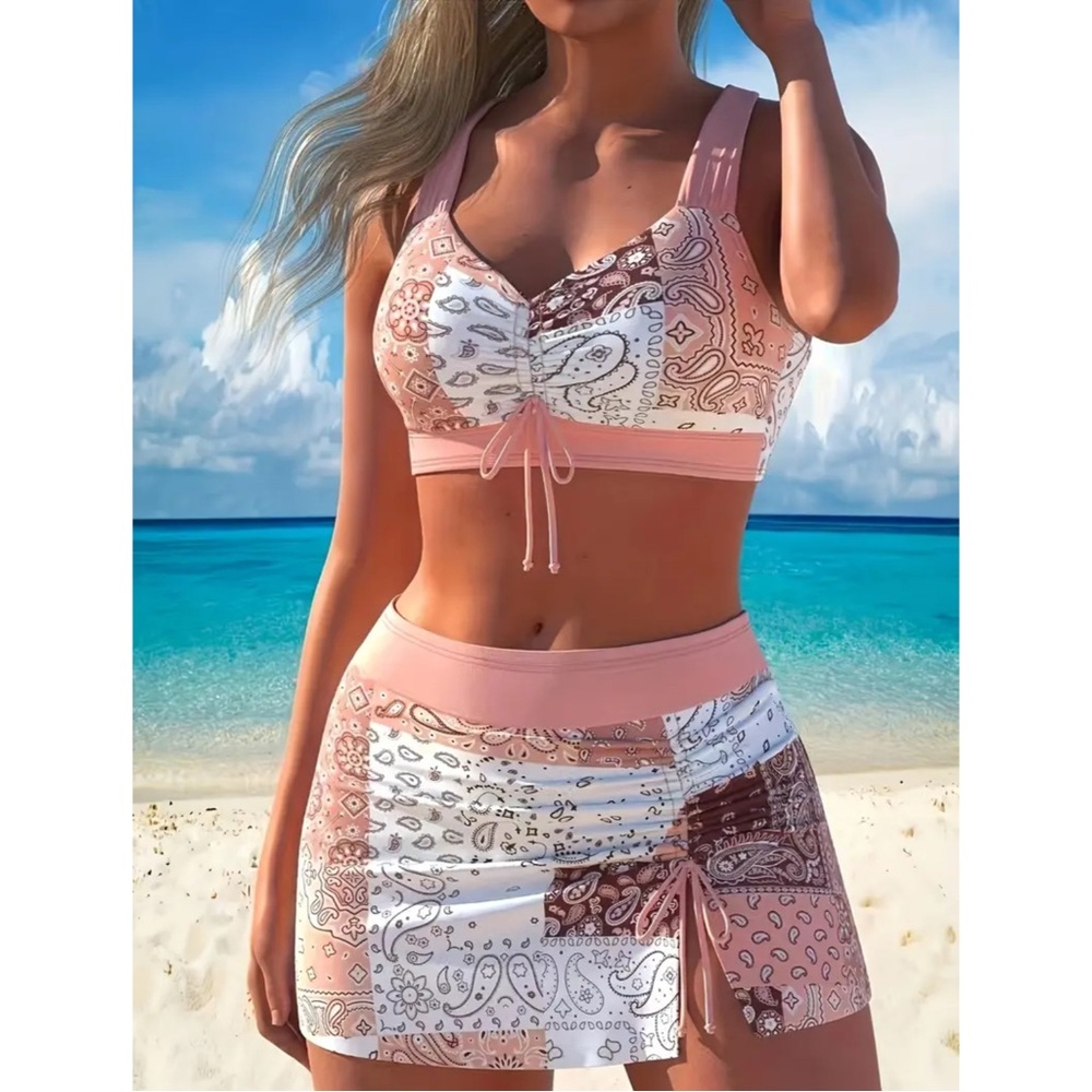 2 Pack Patchwork tribal V neck top skirted Bikini Set